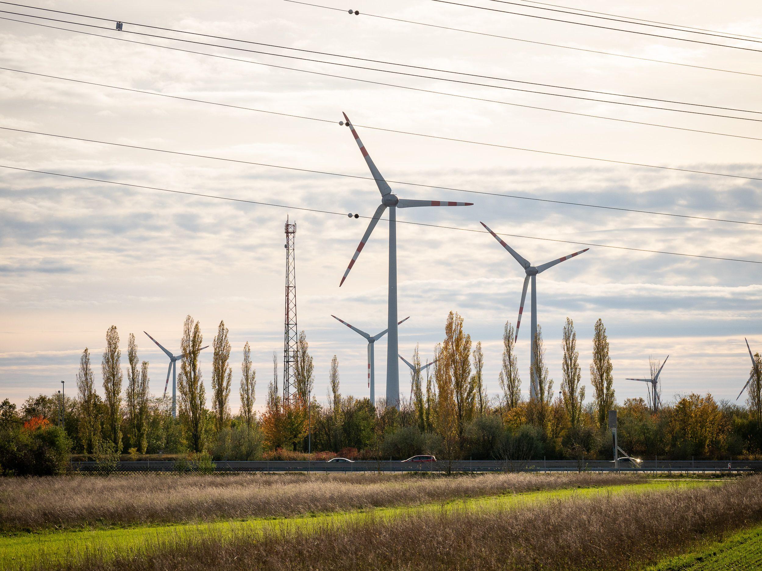 Windräder auf einem grünen Feld unter einem bewölkten Himmel, Strommasten im Hintergrund